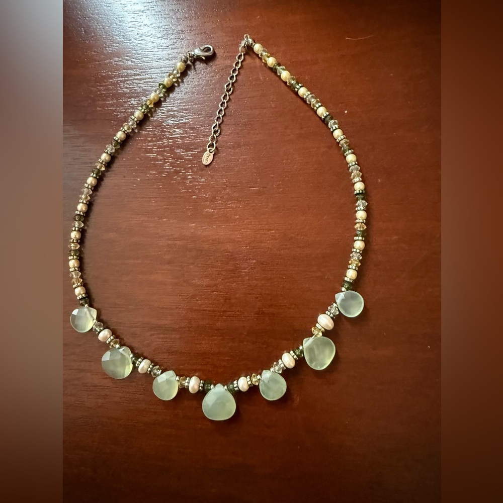 Elegant Necklace with Pale Green stones Gold and Cream Beaded Accents 16"